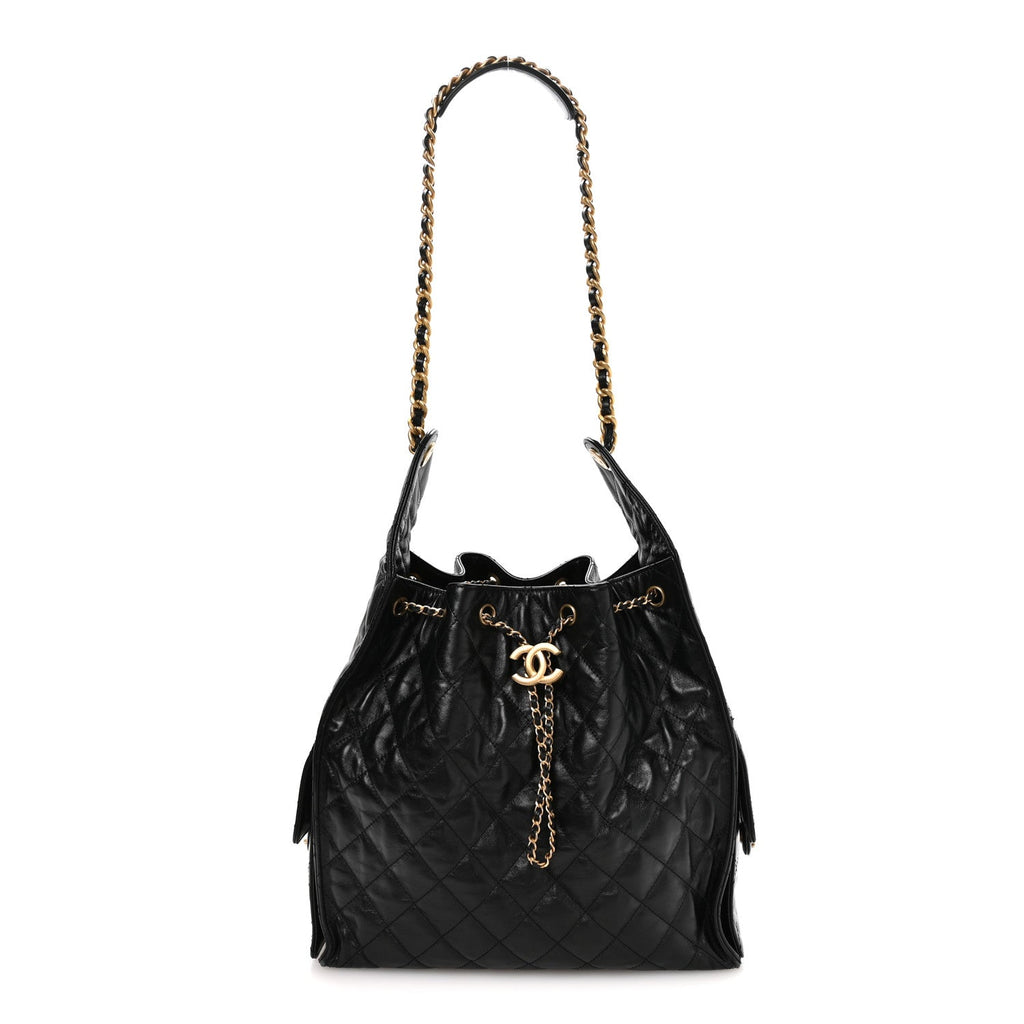 Shiny Crumpled Calfskin Quilted Medium Chanel 25 Handbag Black