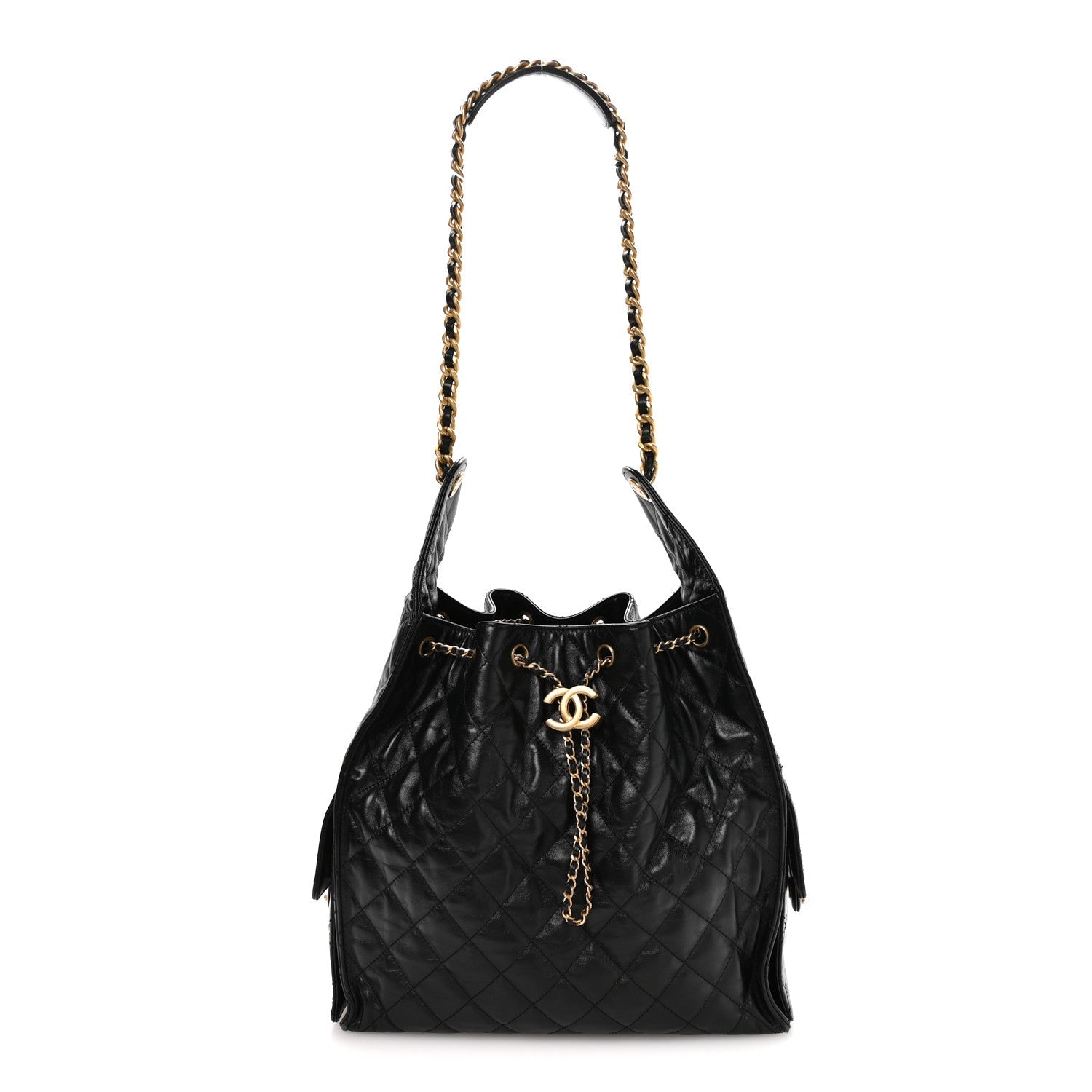 Shiny Crumpled Calfskin Quilted Medium Chanel 25 Handbag Black