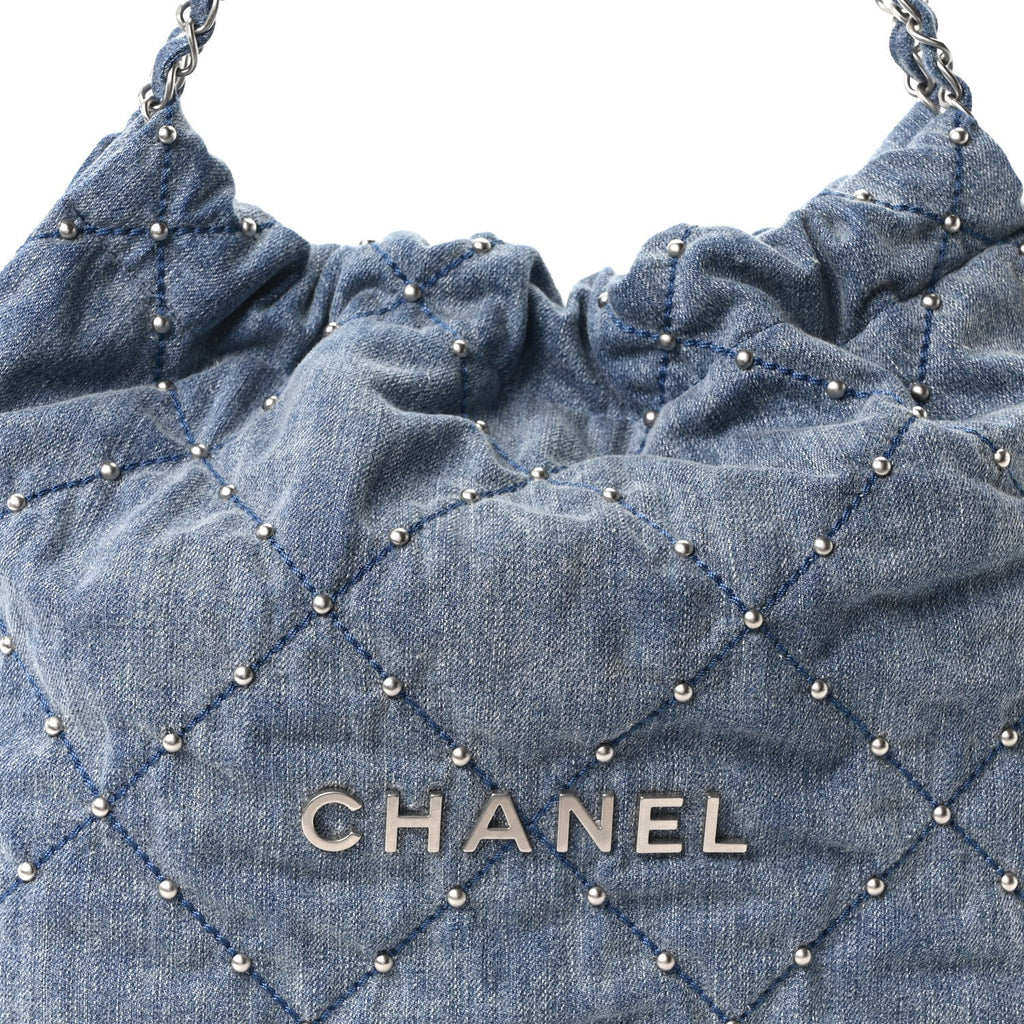 Washed Denim Quilted Studded Small Chanel 22 Blue
