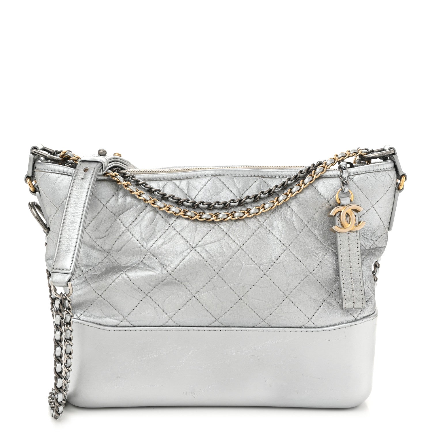 Metallic Aged Calfskin Quilted Medium Gabrielle Silver