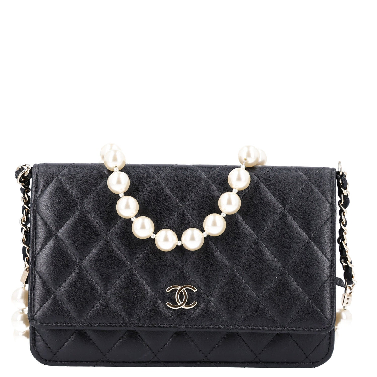 Lambskin Quilted Pearl Wallet On Chain WOC Black