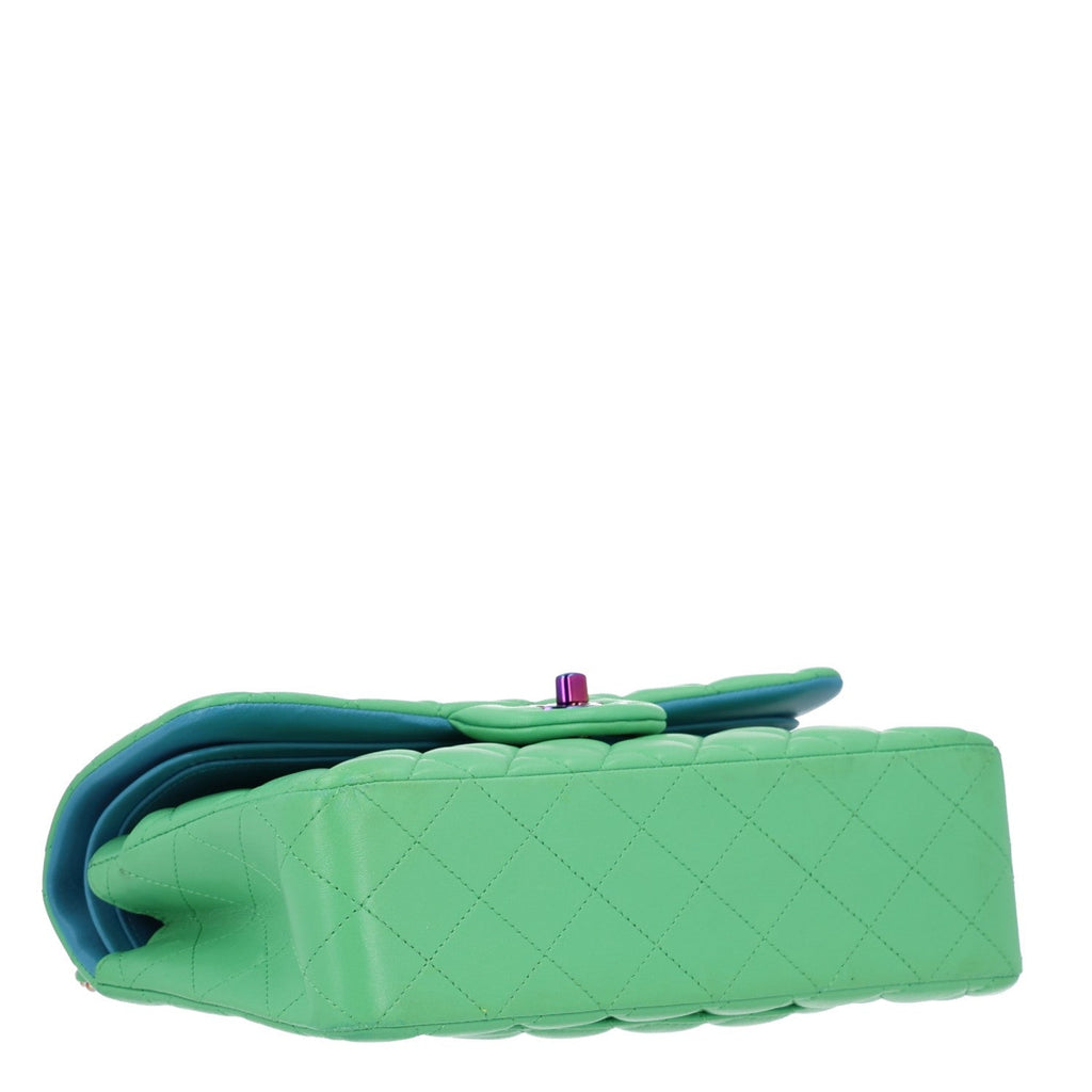 Lambskin Quilted Small Double Flap Green Blue