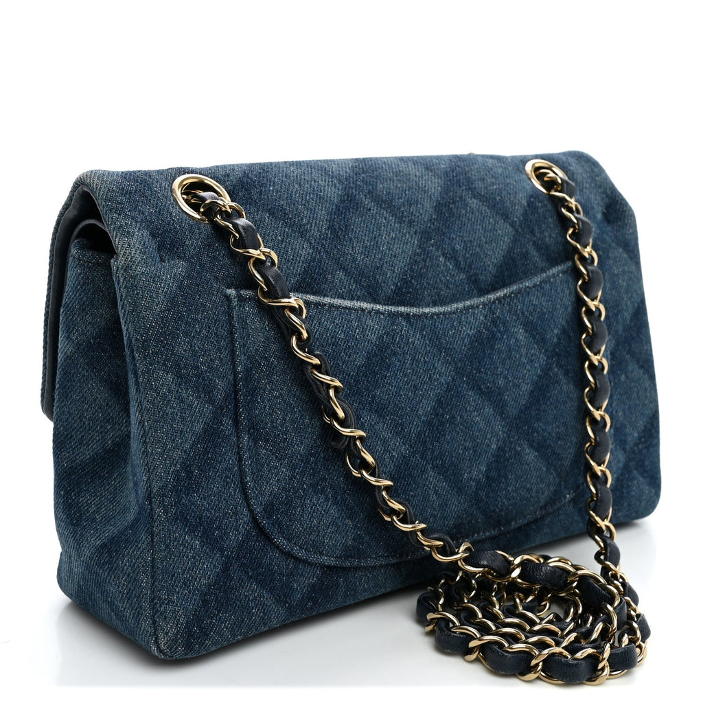 Printed Denim Quilted Small Double Flap Light Blue