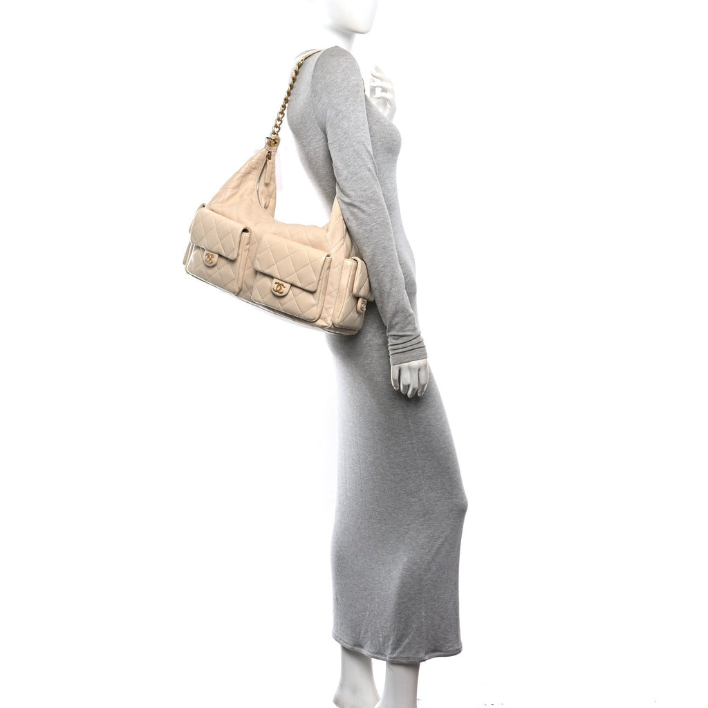 Shiny Lambskin Quilted Maxi Trendy Pockets Hobo Beige