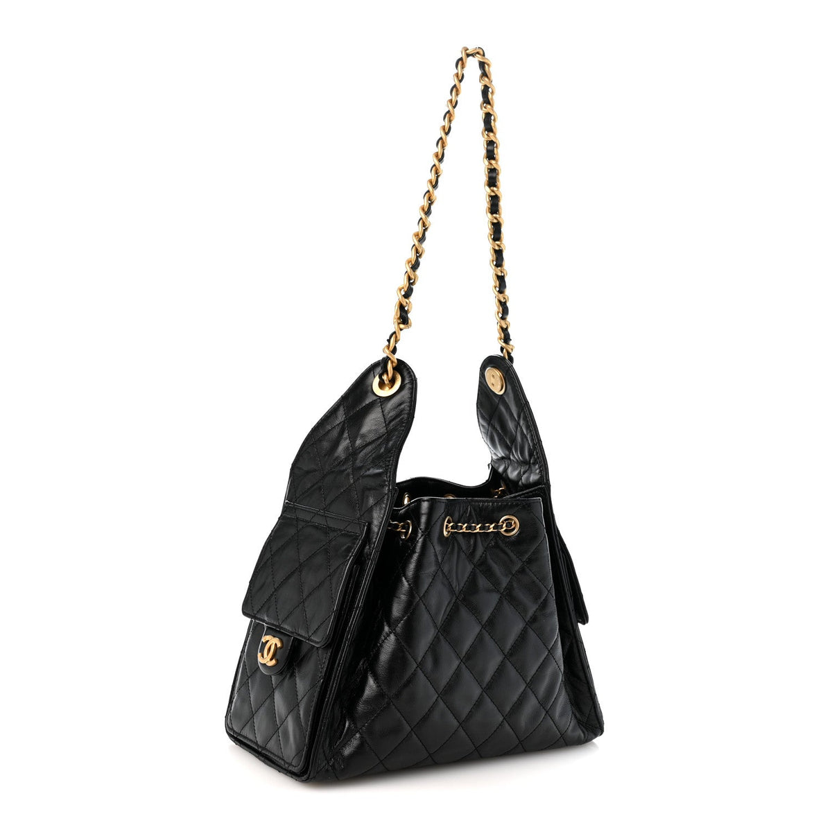 Shiny Crumpled Calfskin Quilted Medium Chanel 25 Handbag Black