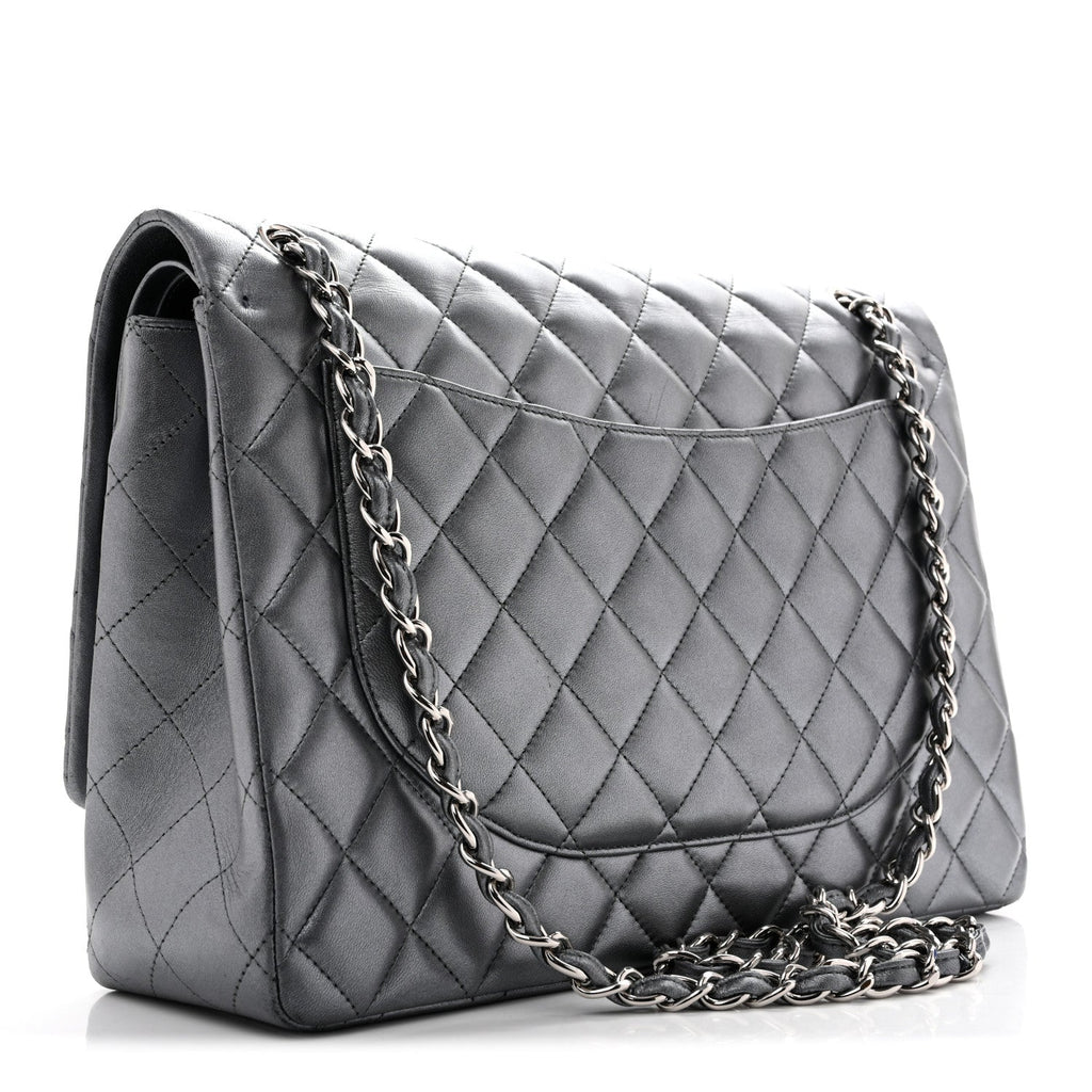 Metallic Lambskin Quilted Maxi Double Flap Pewter