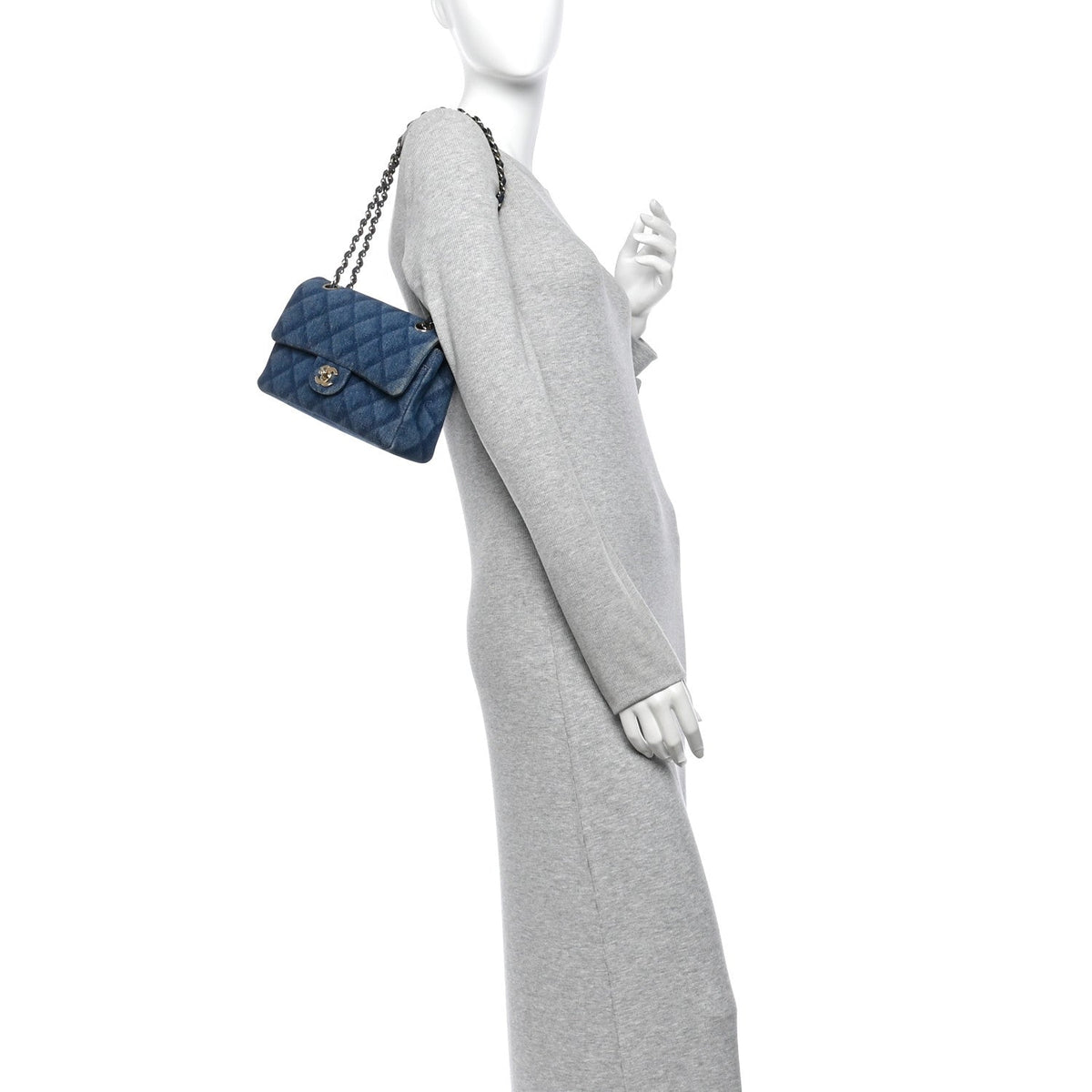 Printed Denim Quilted Small Double Flap Light Blue