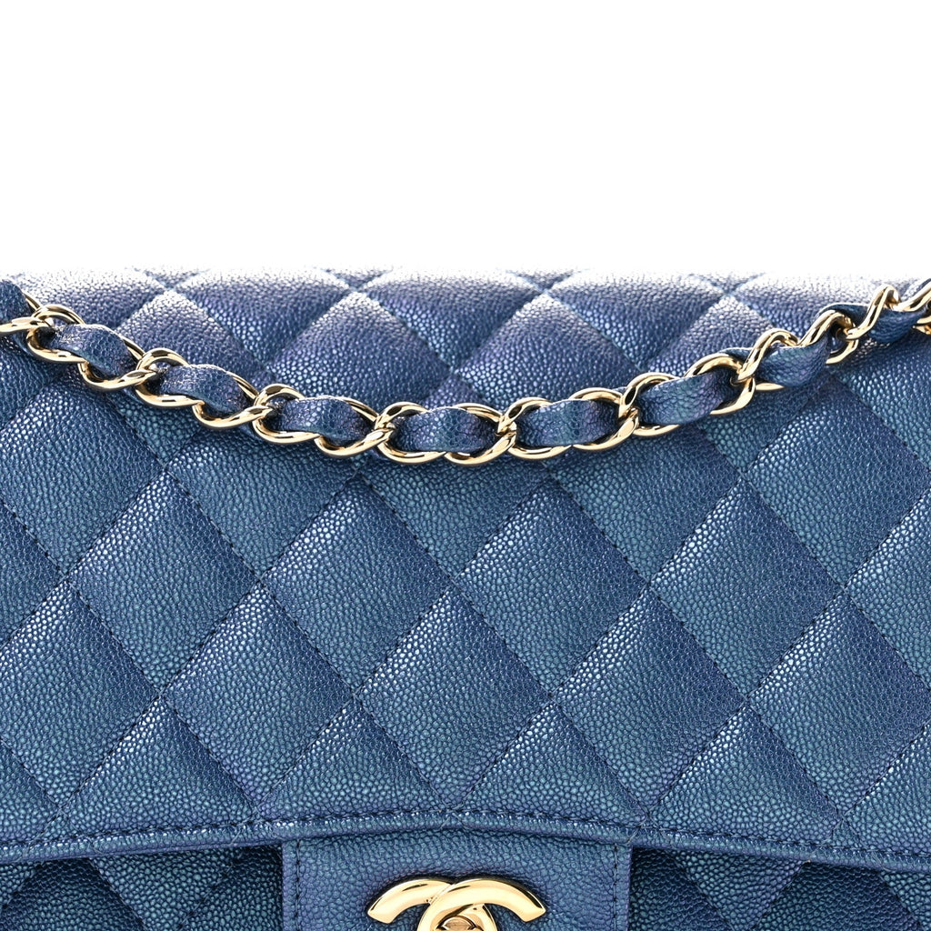Iridescent Caviar Quilted Medium Double Flap Dark Blue