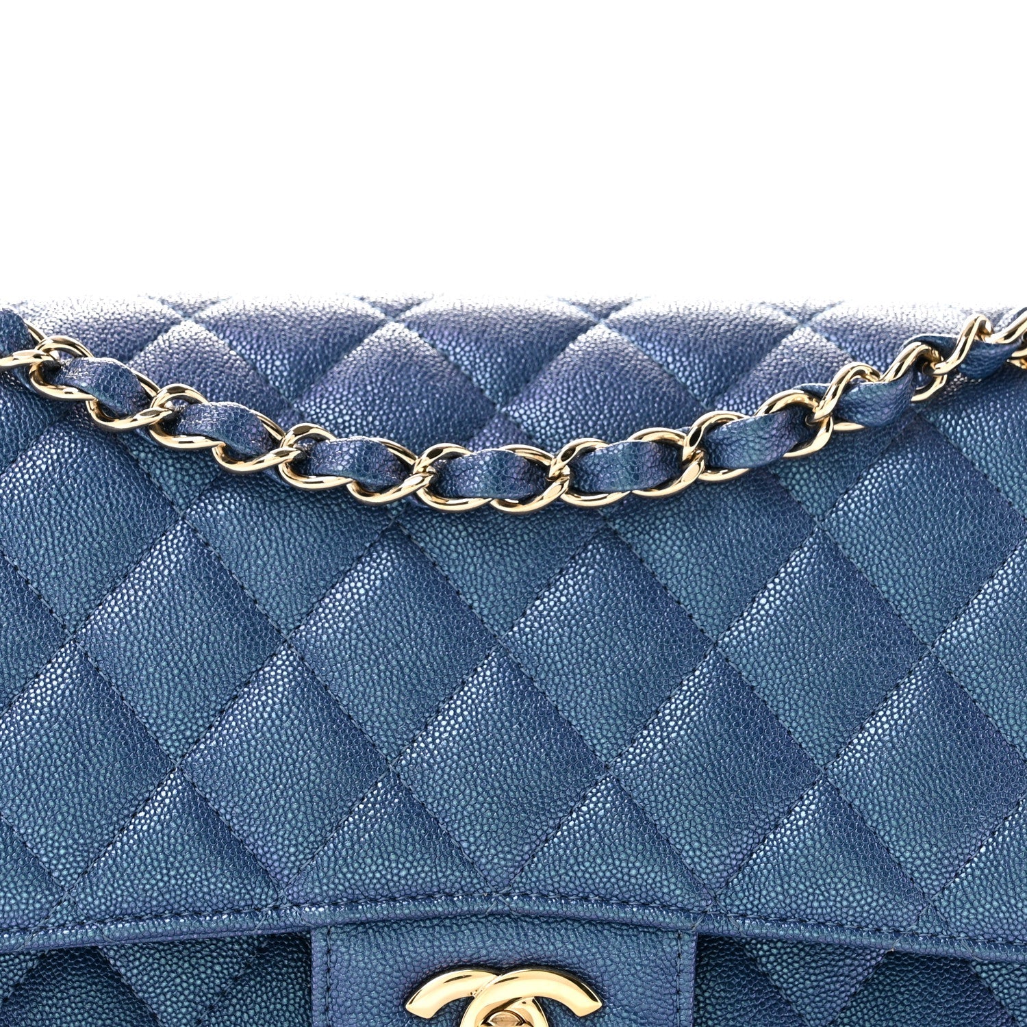 Iridescent Caviar Quilted Medium Double Flap Dark Blue