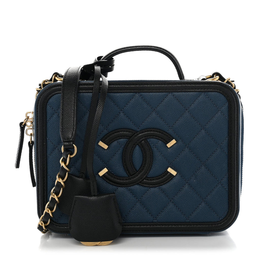 Caviar Quilted Medium CC Filigree Vanity Case Navy Black