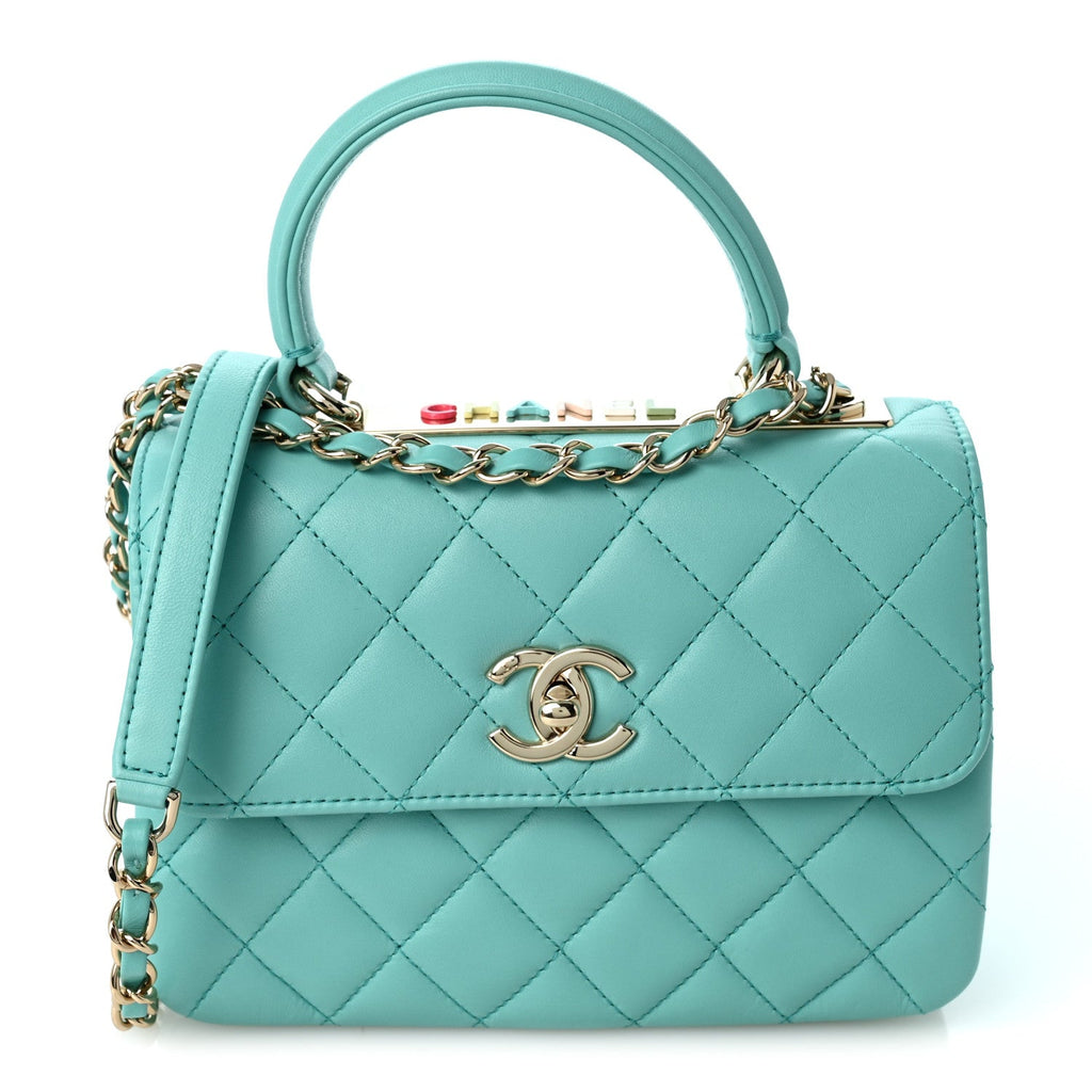 Lambskin Quilted Small Trendy CC Flap Dual Handle Bag Turquoise