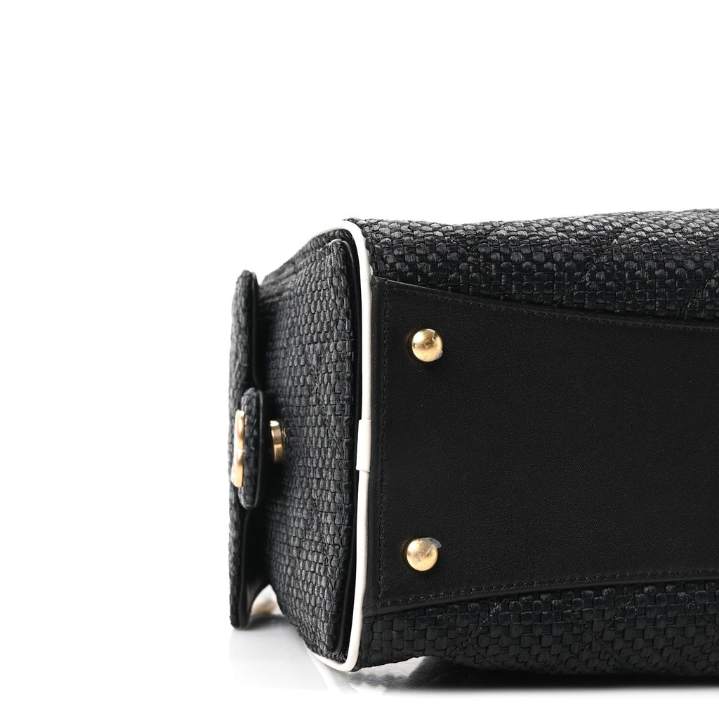 Braided Raffia Calfskin Quilted Small Chanel 25 Handbag Black White