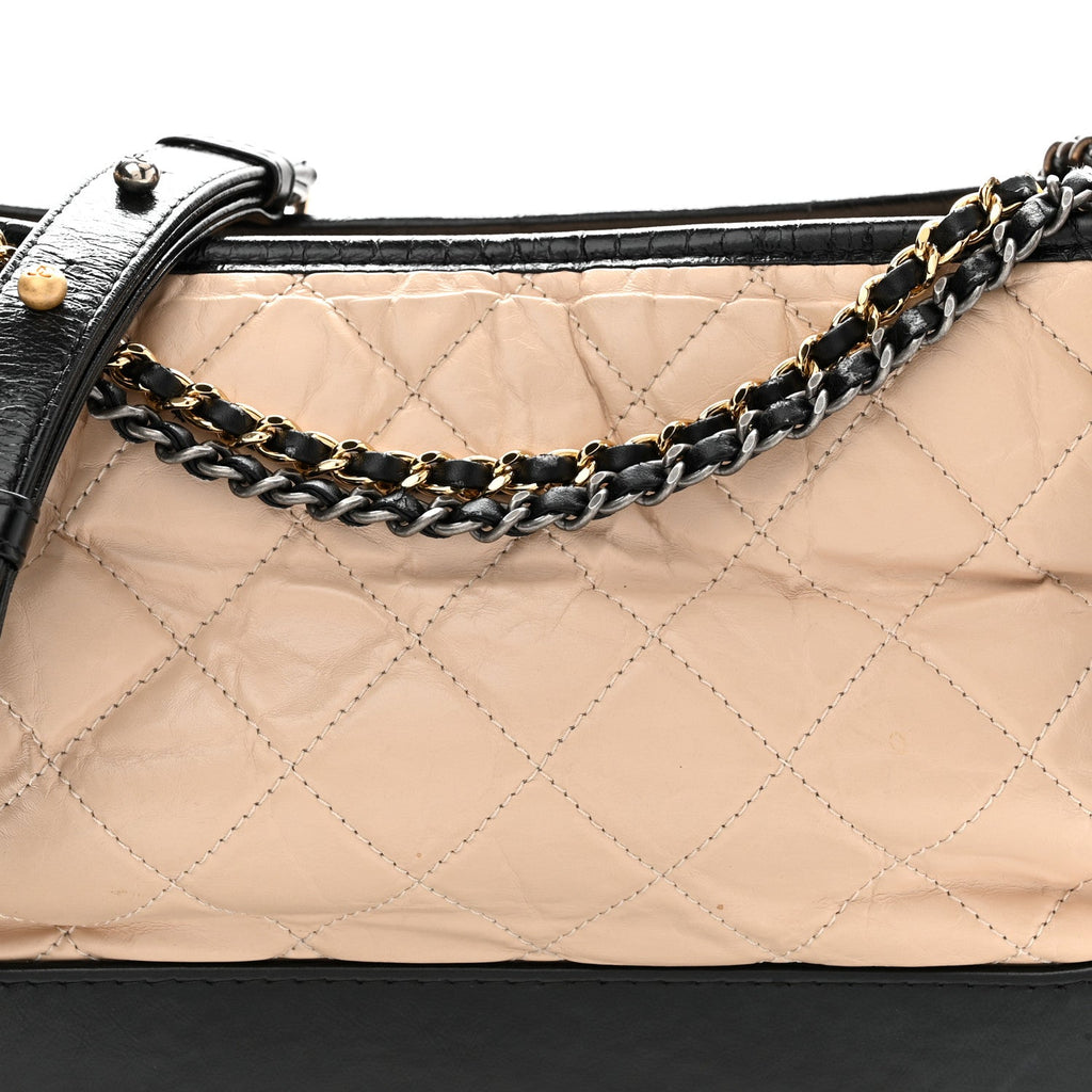 Aged Calfskin Quilted Medium Gabrielle Hobo Beige Black