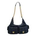 Washed Denim Quilted Maxi Trendy Pockets Hobo Dark Blue