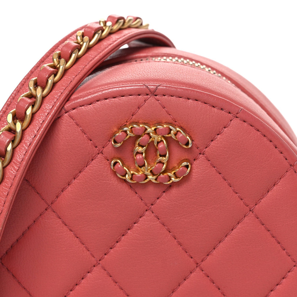Goatskin Quilted Chanel 19 Round Clutch With Chain  Coral