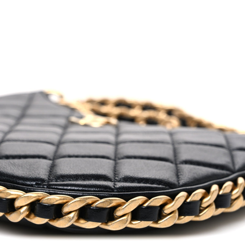 Shiny Crumpled Lambskin Quilted Trendy Chain Around Hobo Black