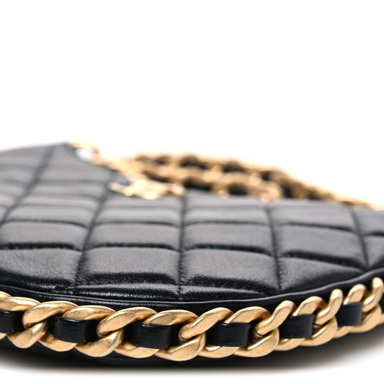 Shiny Crumpled Lambskin Quilted Trendy Chain Around Hobo Black
