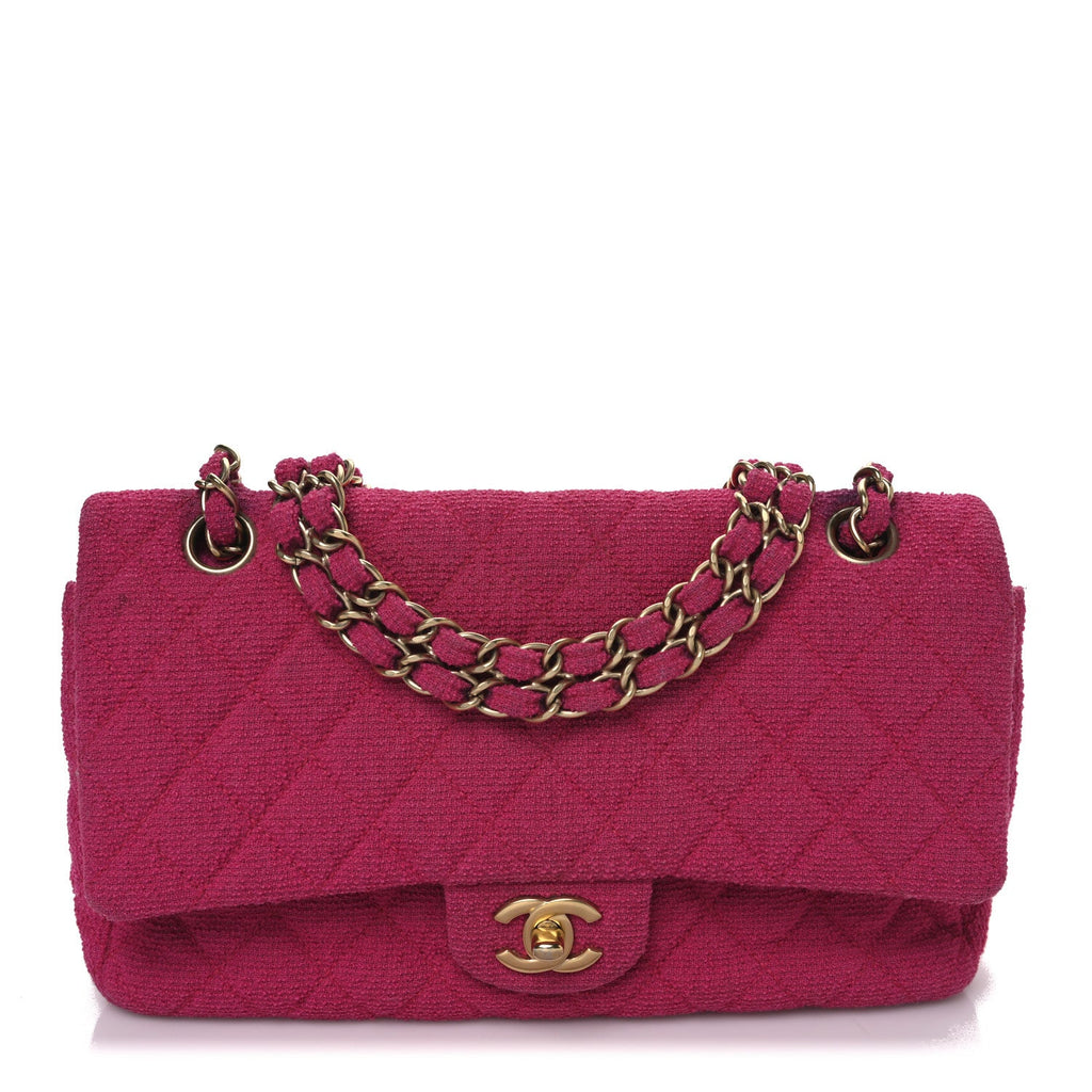 Tweed Quilted Medium Double Flap Fuchsia