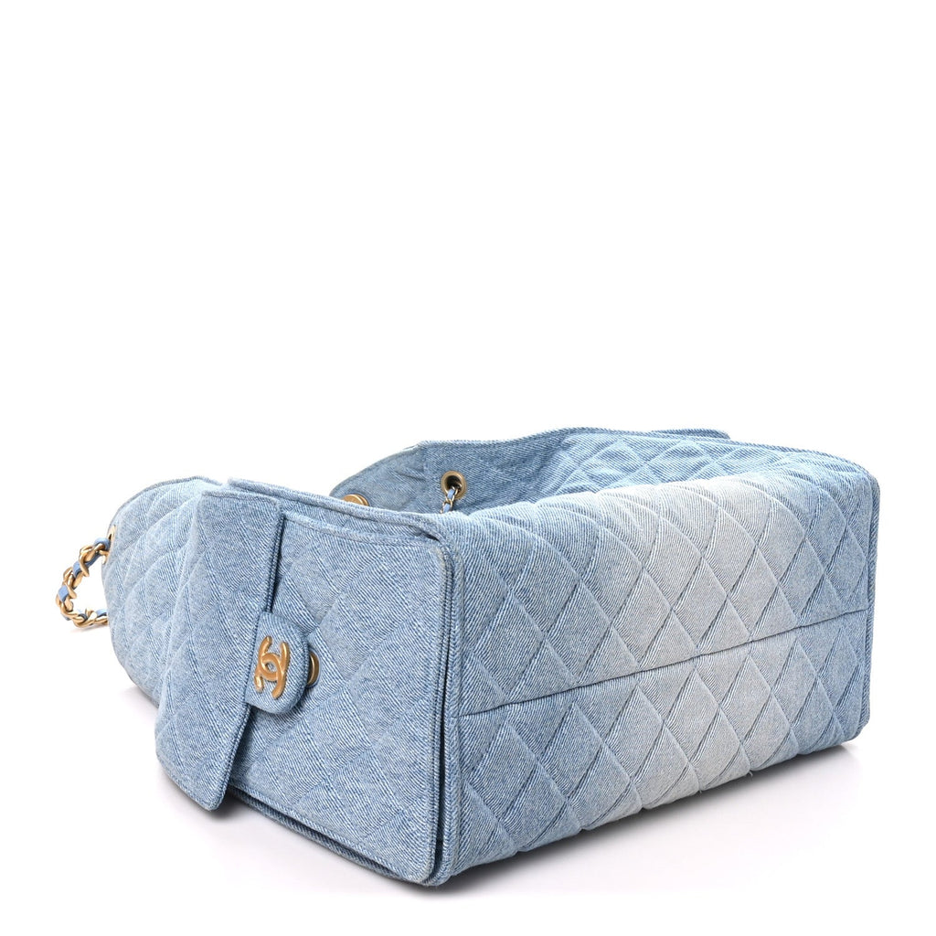 Washed Denim Quilted Medium Chanel 25 Handbag Blue