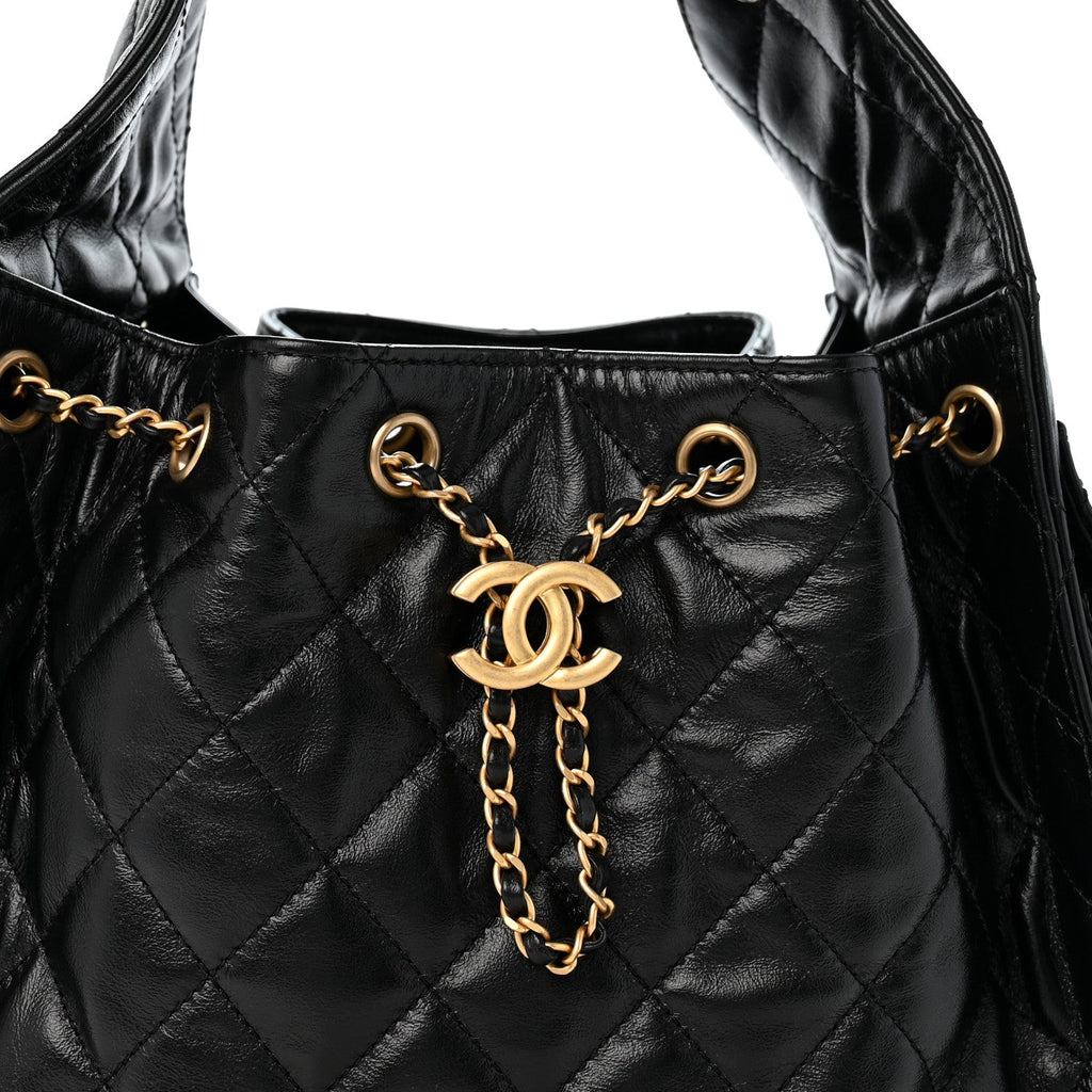 Shiny Crumpled Calfskin Quilted Medium Chanel 25 Handbag Black