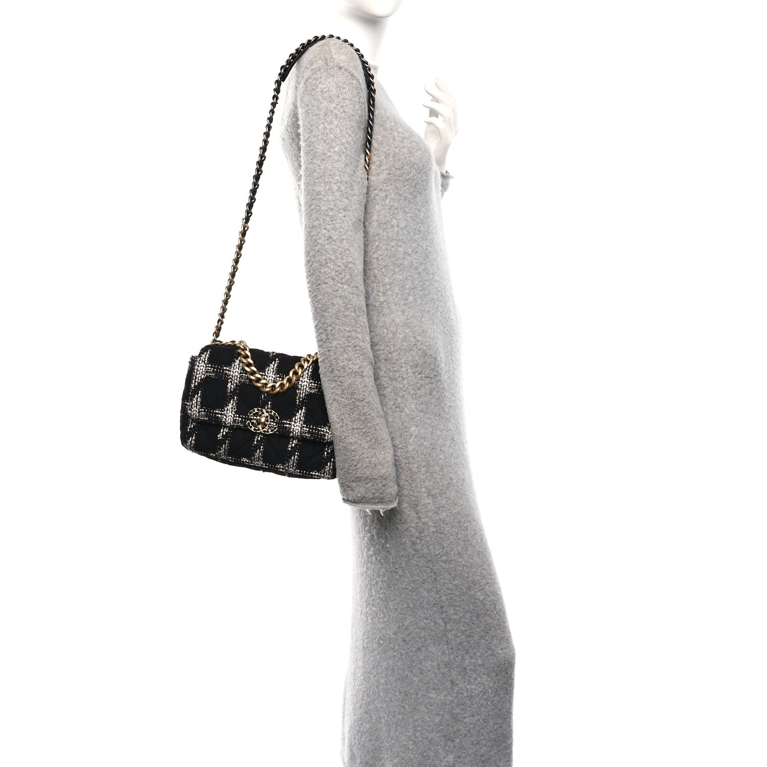 Tweed Quilted Medium Chanel 19 Flap Black White