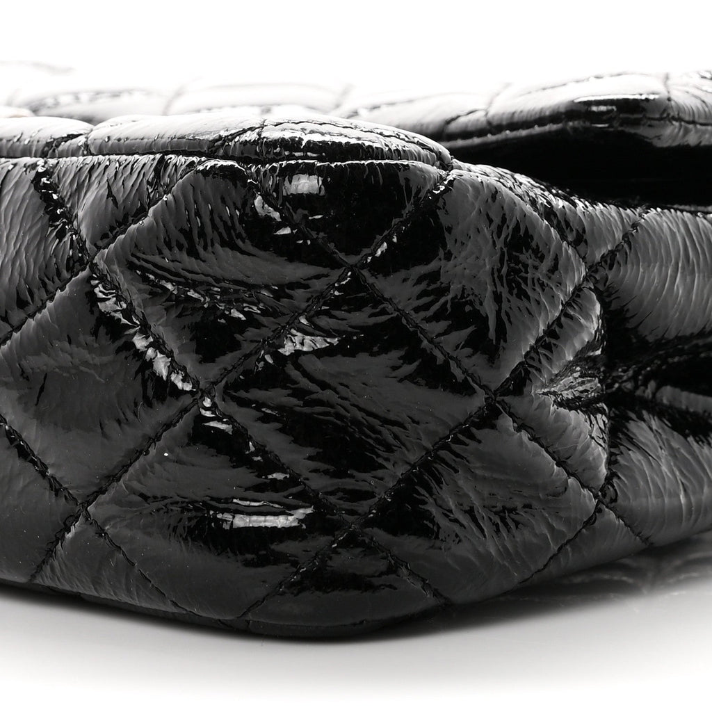 Crumpled Patent Quilted Medium Double Flap Black