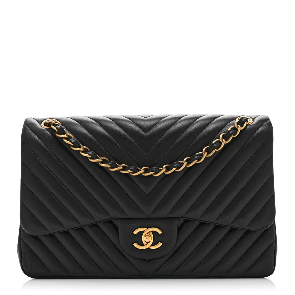 Lambskin Chevron Quilted Jumbo Double Flap Black