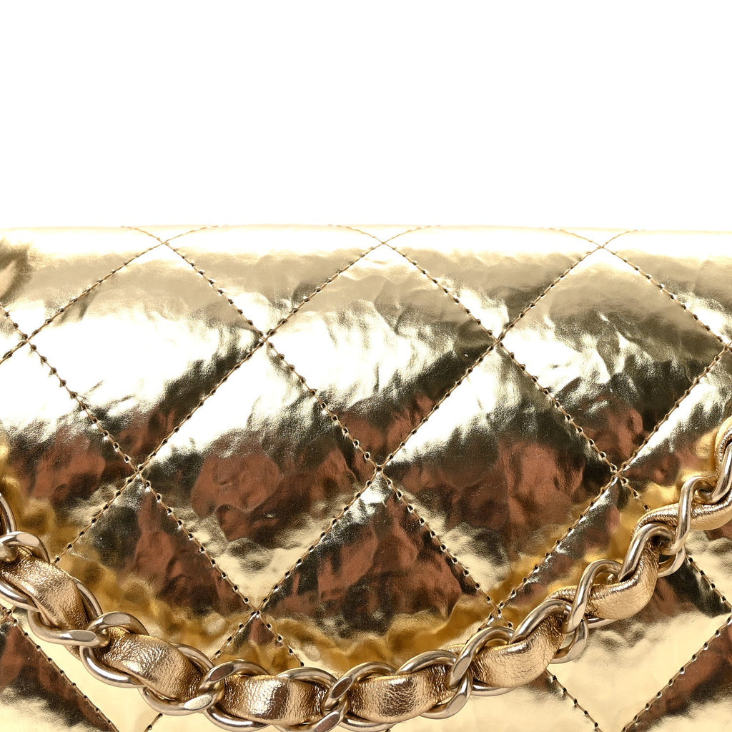 Hammered Metallic Calfskin Quilted Small Double Flap Gold