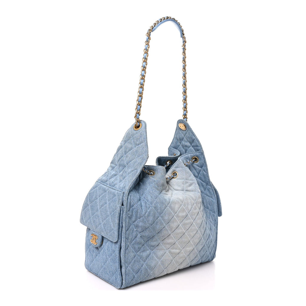 Washed Denim Quilted Medium Chanel 25 Handbag Blue