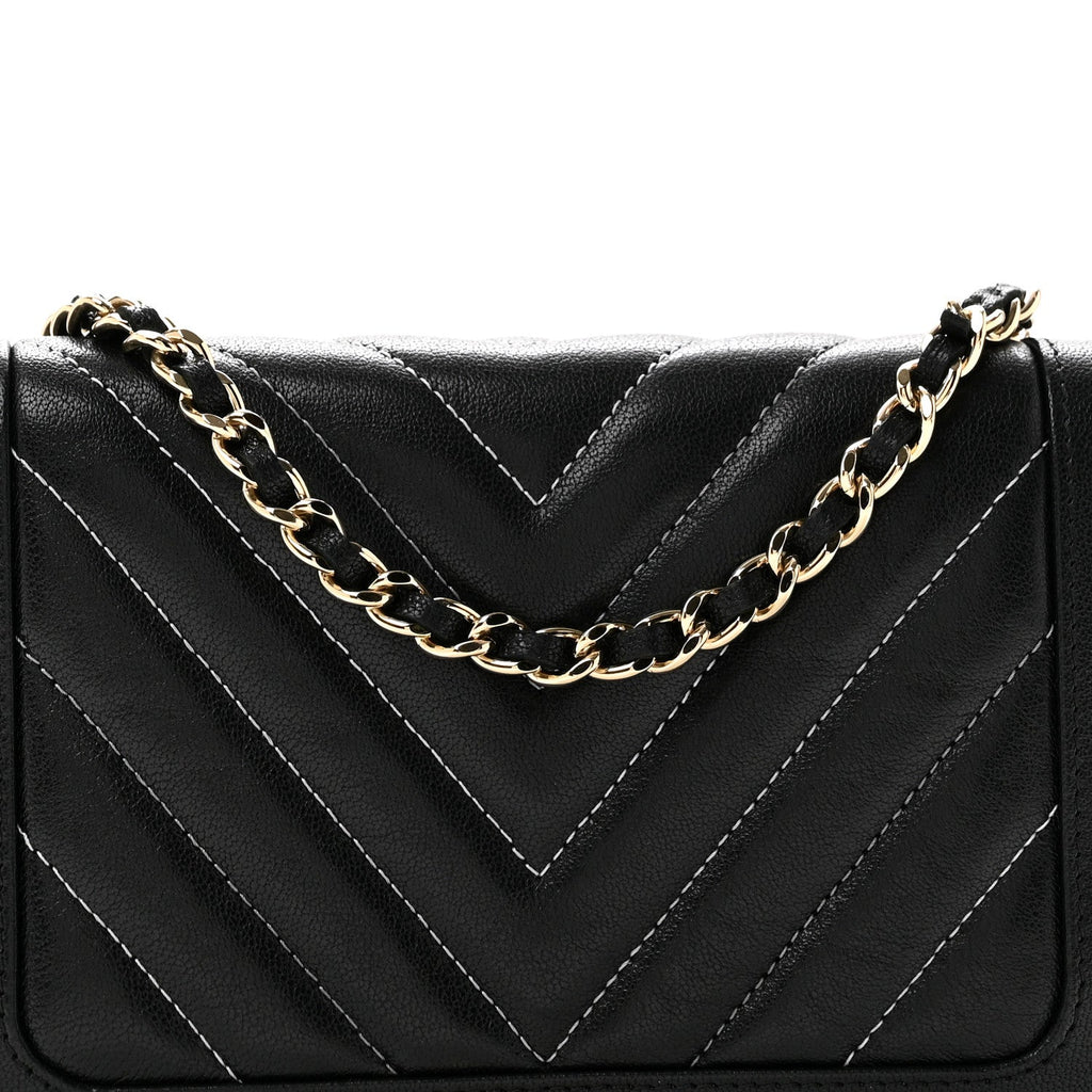 Caviar Sheepskin Chevron Quilted Vintage Mademoiselle Wallet On Chain WOC Black