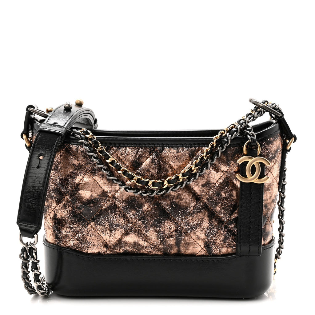 Metallic Crumpled Goatskin Quilted Small Gabrielle Hobo Black Rose Gold