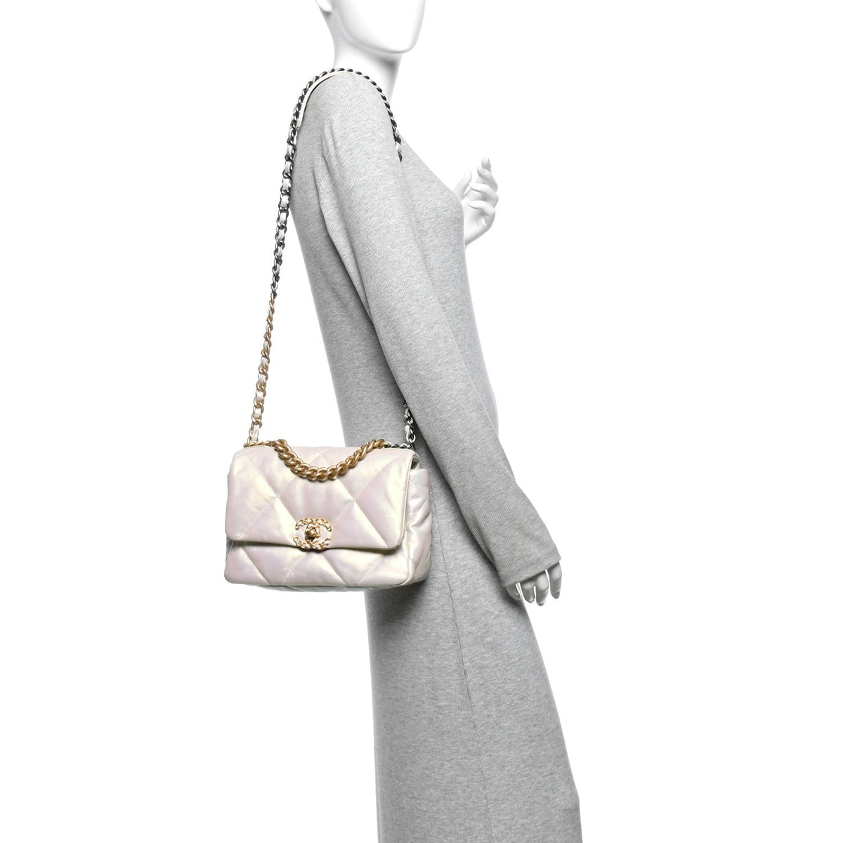 Iridescent Calfskin Quilted Medium Chanel 19 Flap  White