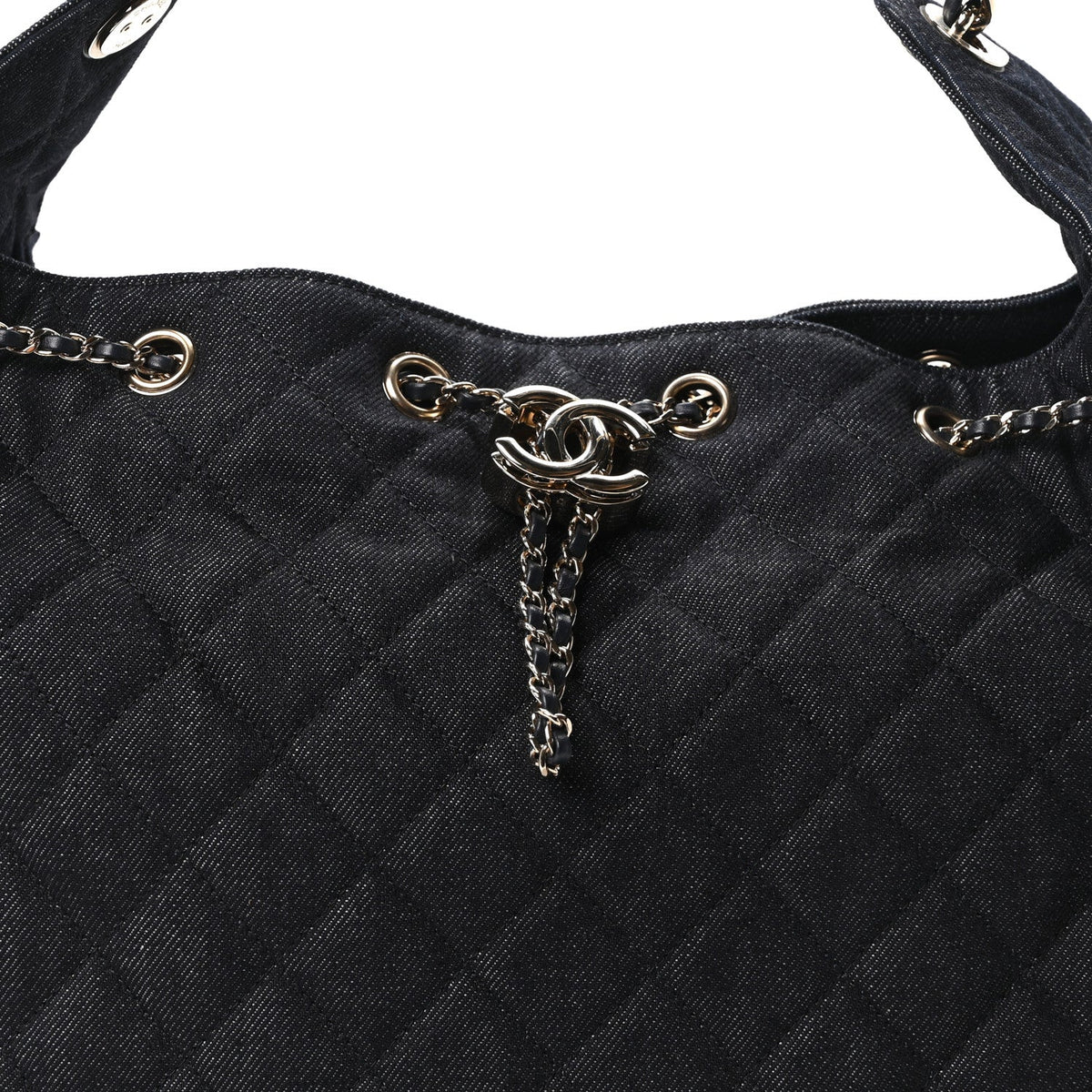 Denim Quilted Medium Chanel 25 Handbag Dark Blue