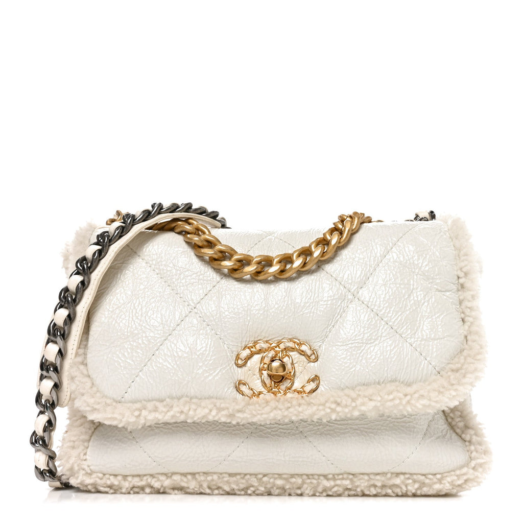 Crumpled Calfskin Shearling Sheepskin Medium Chanel 19 Flap White