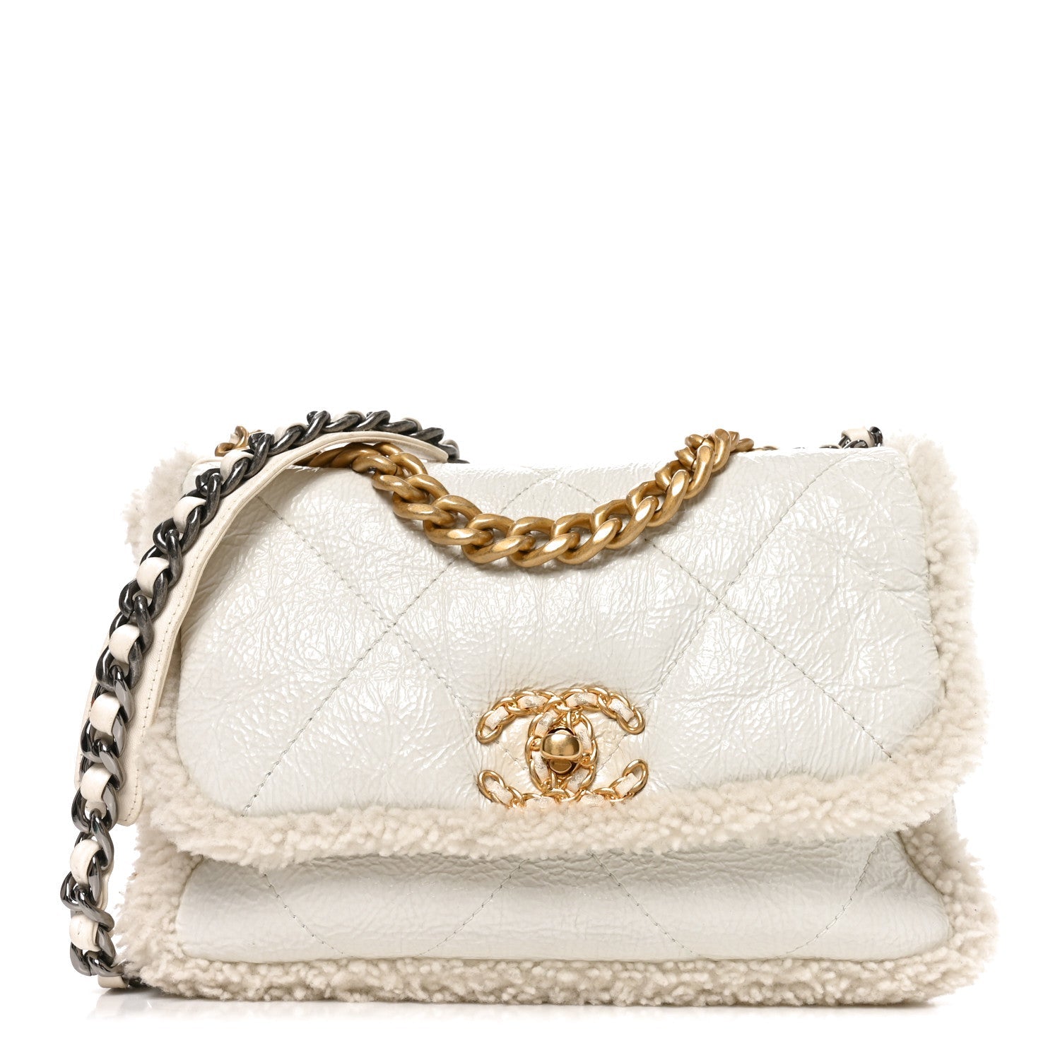 Crumpled Calfskin Shearling Sheepskin Medium Chanel 19 Flap White