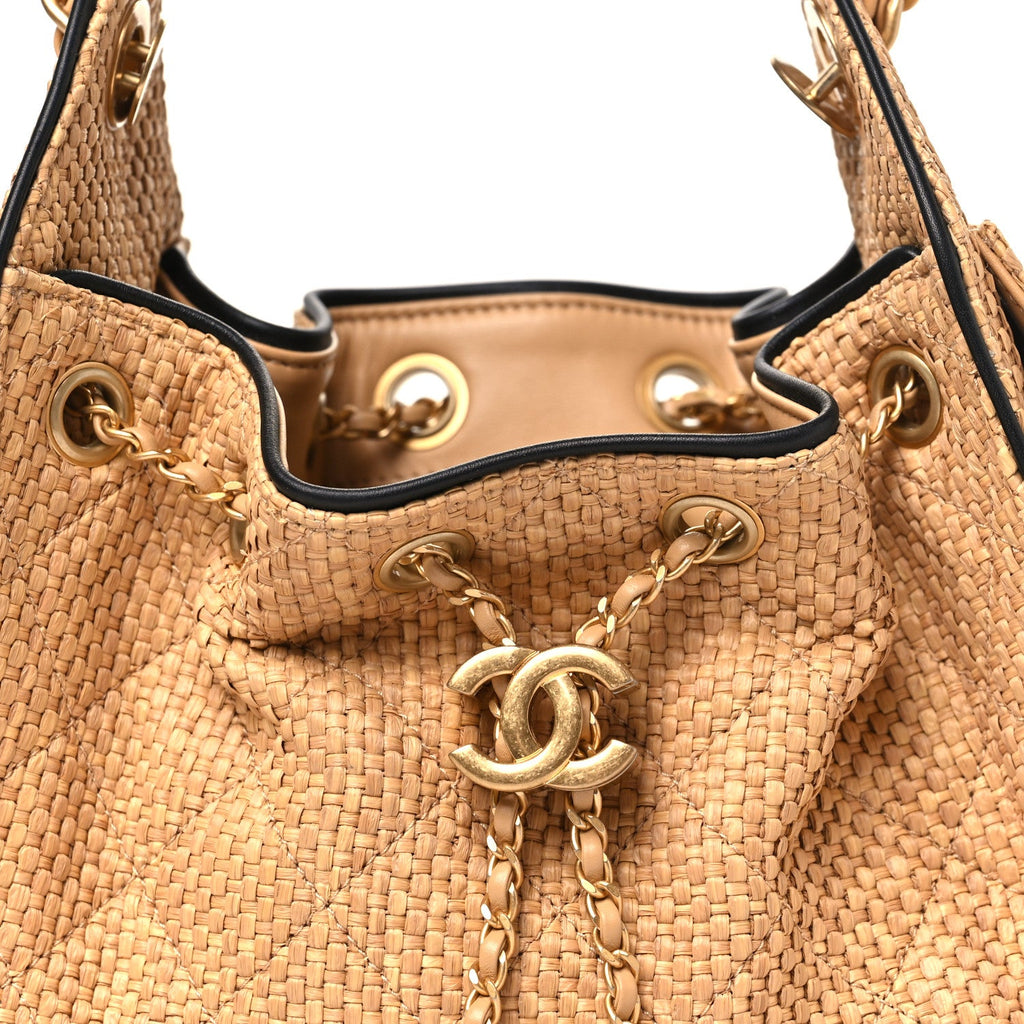 Braided Raffia Calfskin Quilted Mini Chanel 25 Handbag Beige Black