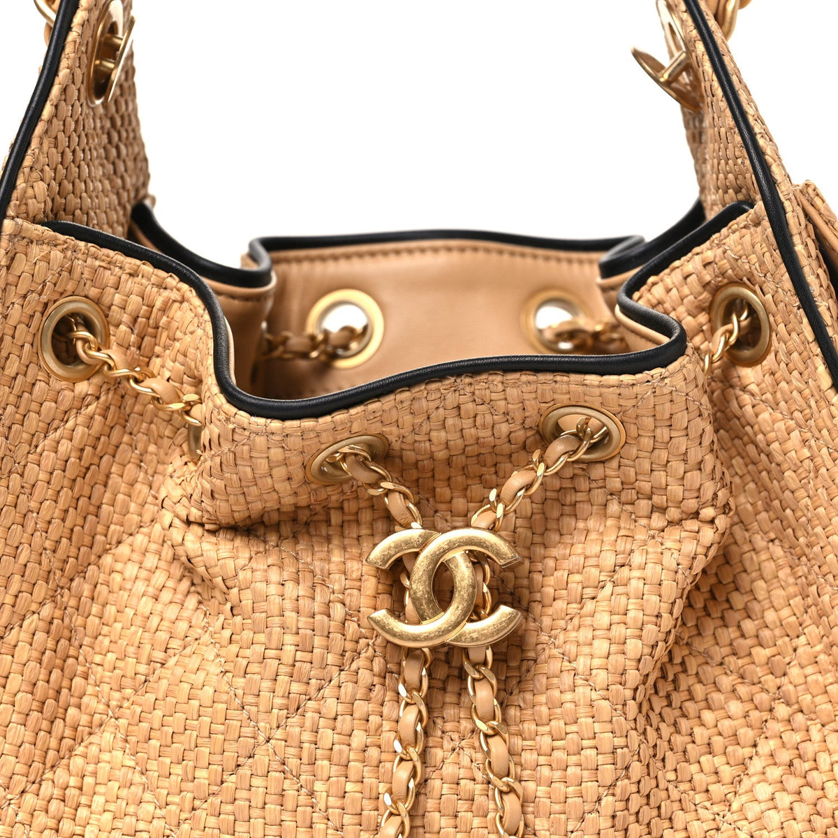 Braided Raffia Calfskin Quilted Mini Chanel 25 Handbag Beige Black