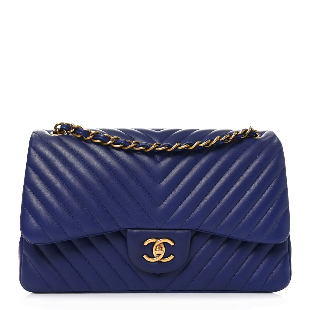 Lambskin Chevron Quilted Jumbo Double Flap Navy Blue