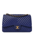 Lambskin Chevron Quilted Jumbo Double Flap Navy Blue