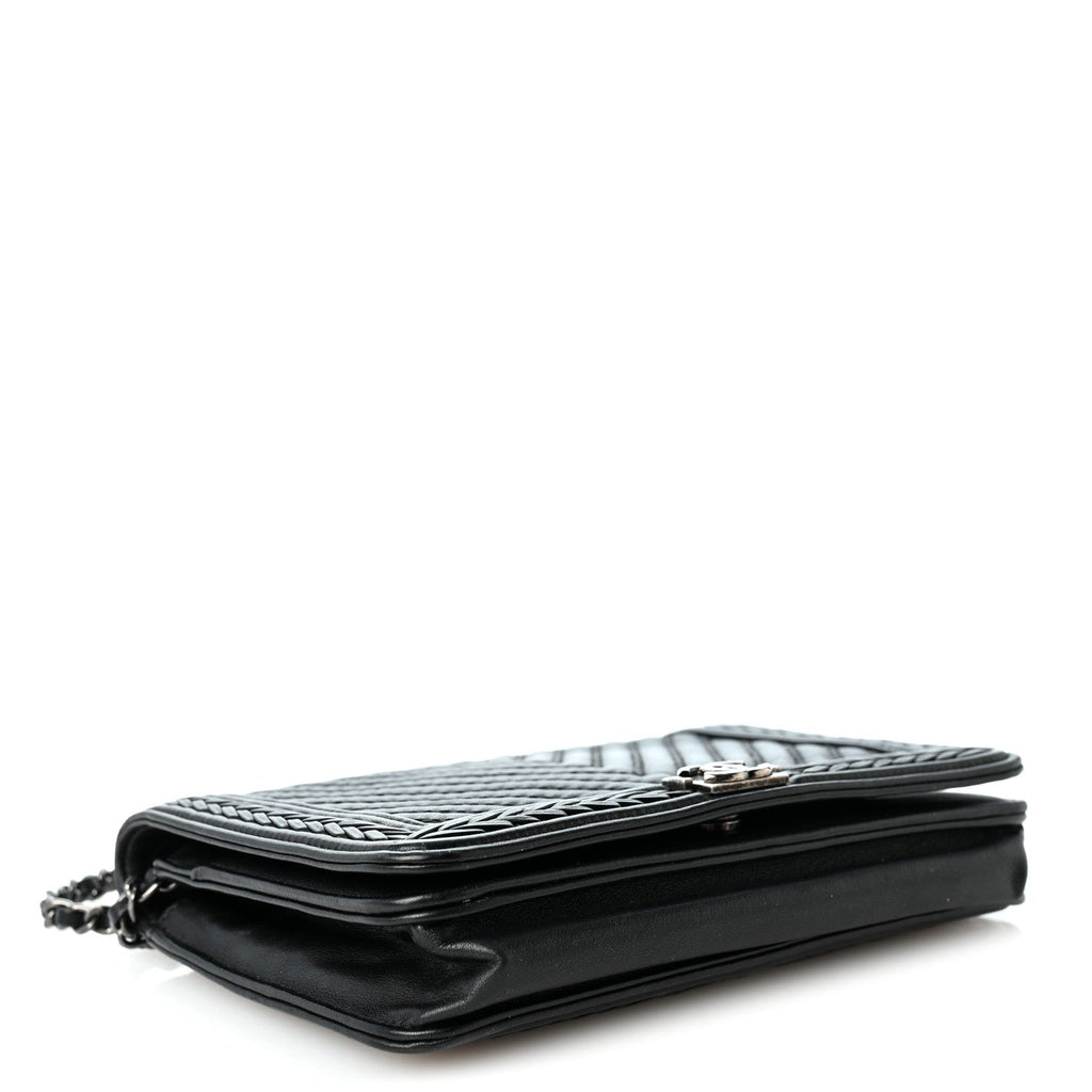 Calfskin Chevron Quilted Braided Boy Wallet On Chain WOC Black