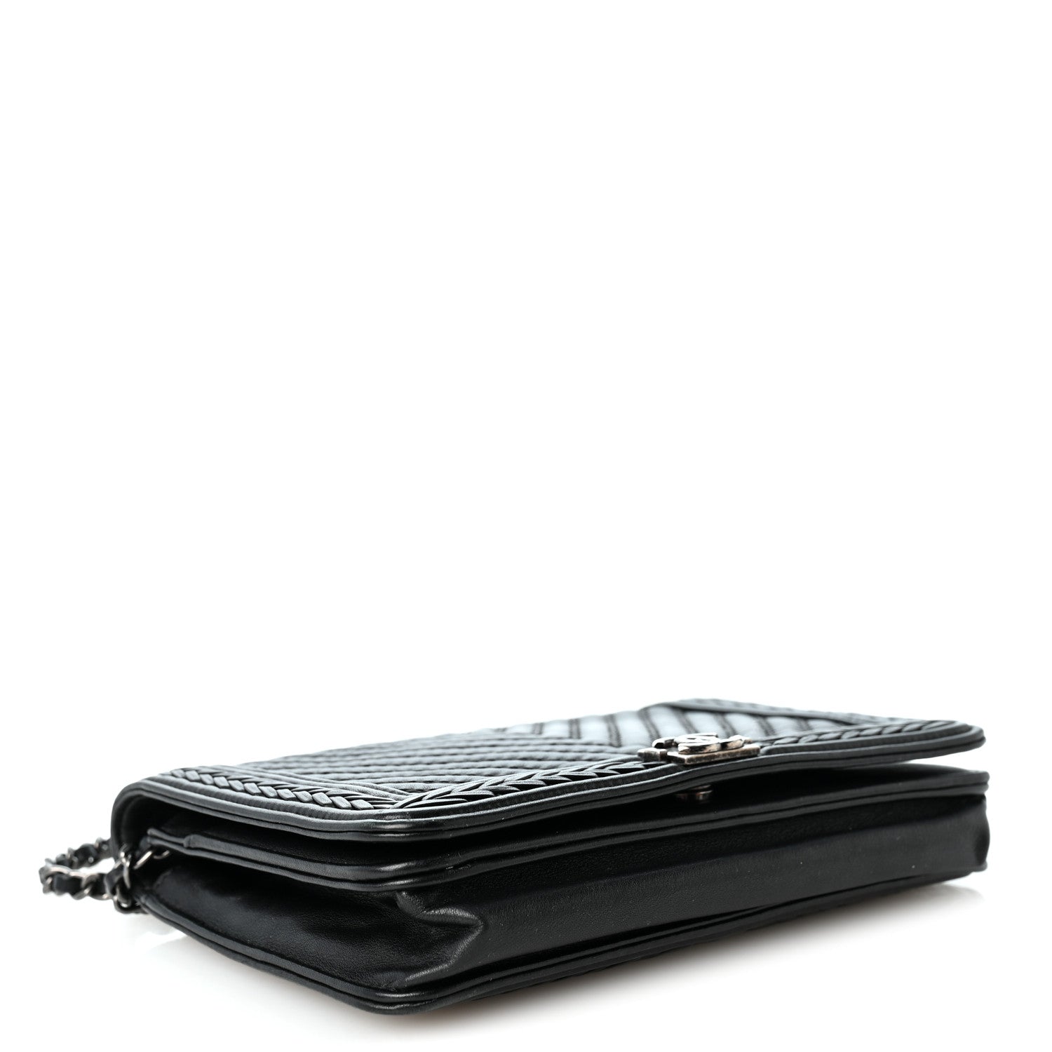 Calfskin Chevron Quilted Braided Boy Wallet On Chain WOC Black