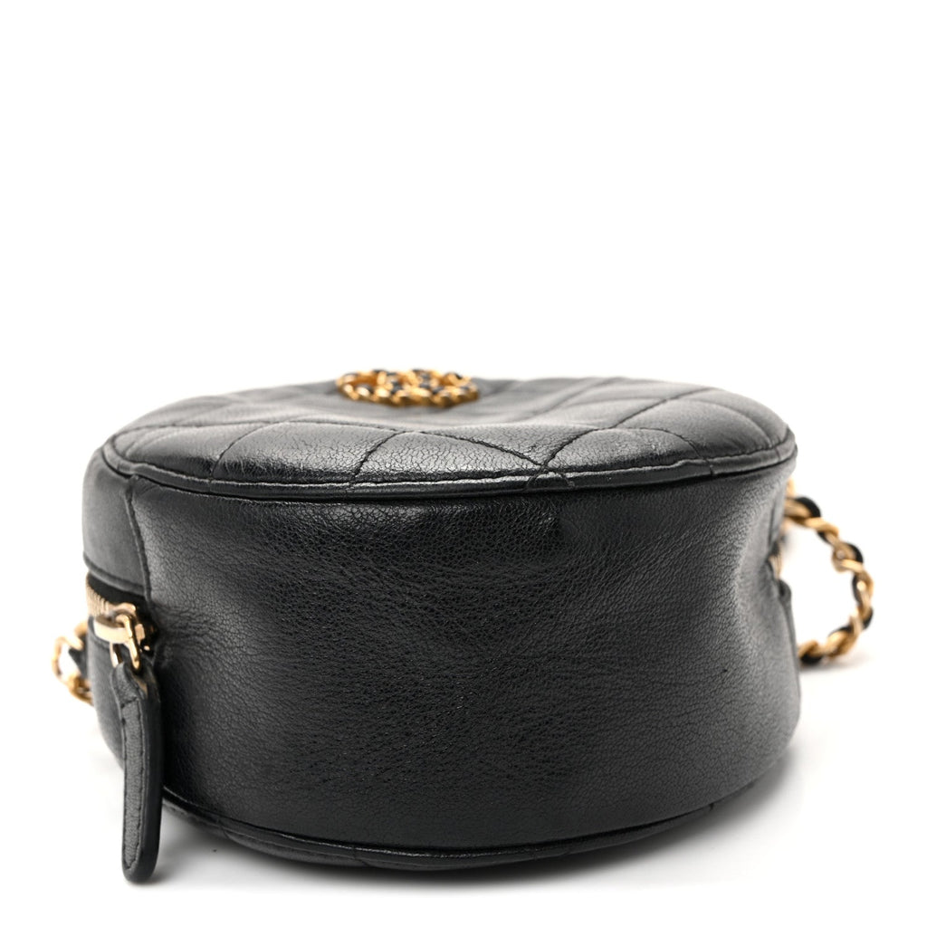Goatskin Quilted Chanel 19 Round Clutch With Chain Black