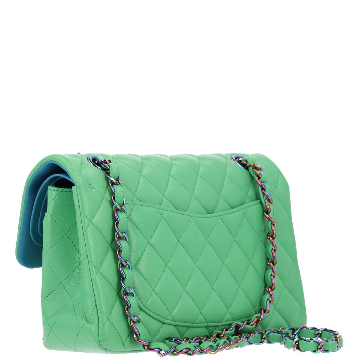 Lambskin Quilted Small Double Flap Green Blue