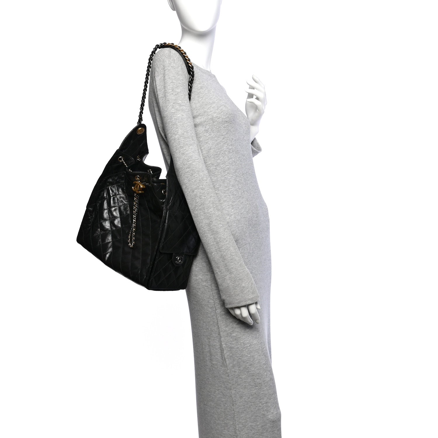 Shiny Crumpled Calfskin Quilted Medium Chanel 25 Handbag Black