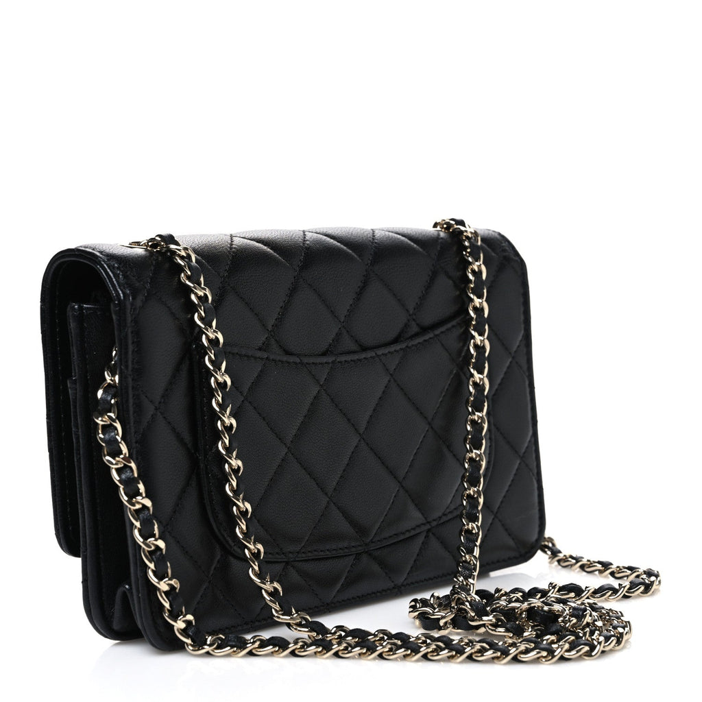 Lambskin Quilted Crystal CC Wallet On Chain WOC Black