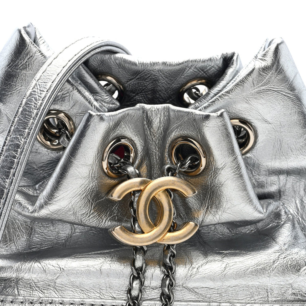 Metallic Aged Calfskin Quilted Small Gabrielle Bucket Silver