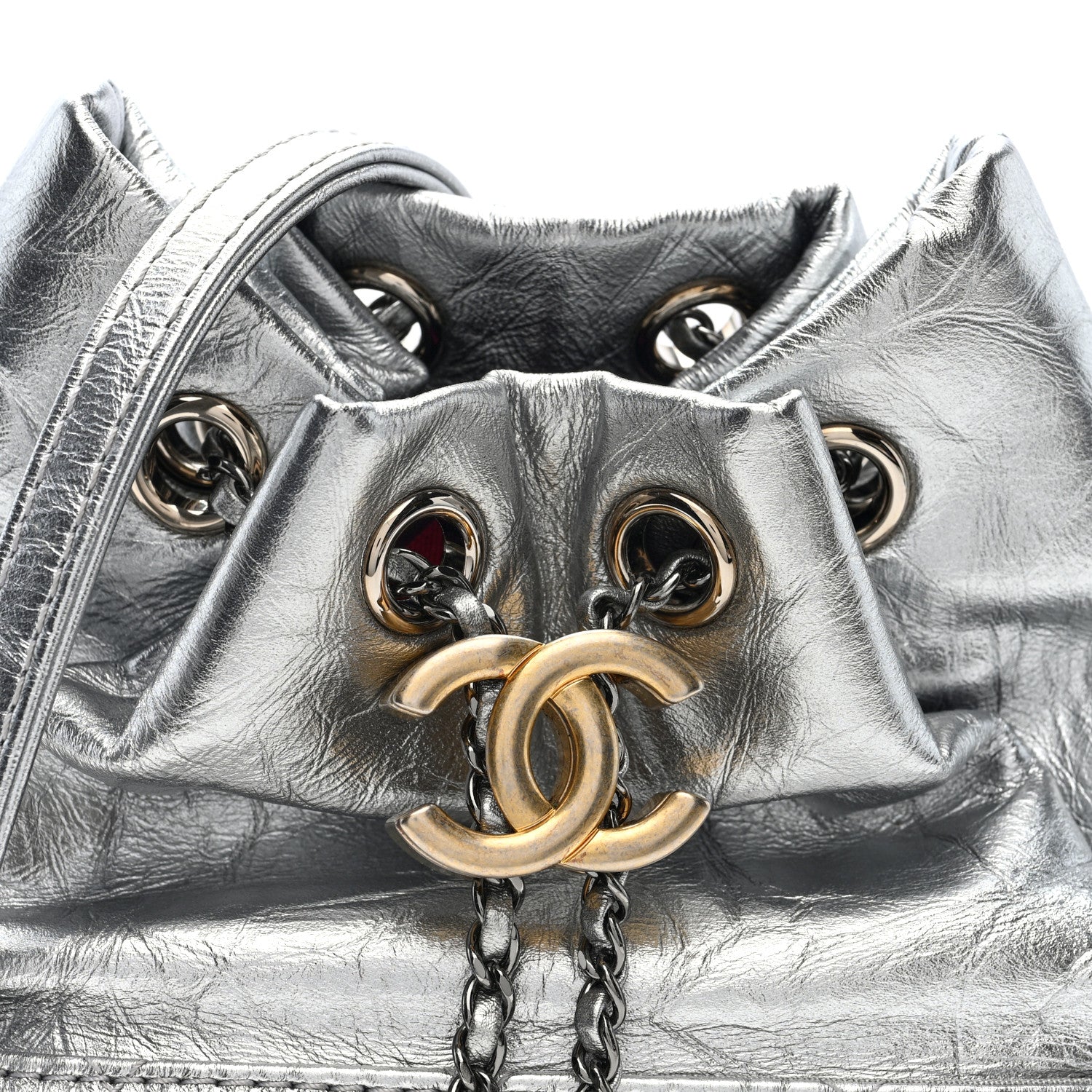 Metallic Aged Calfskin Quilted Small Gabrielle Bucket Silver