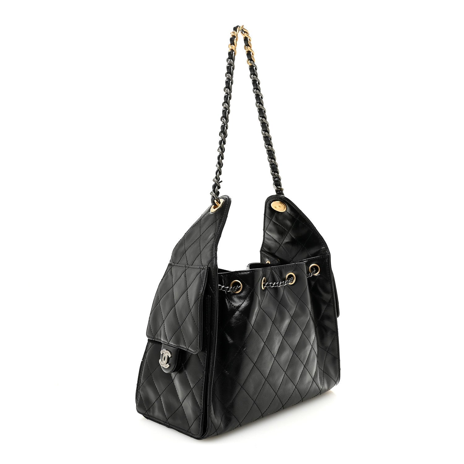 Shiny Crumpled Calfskin Quilted Small Chanel 25 Handbag Black