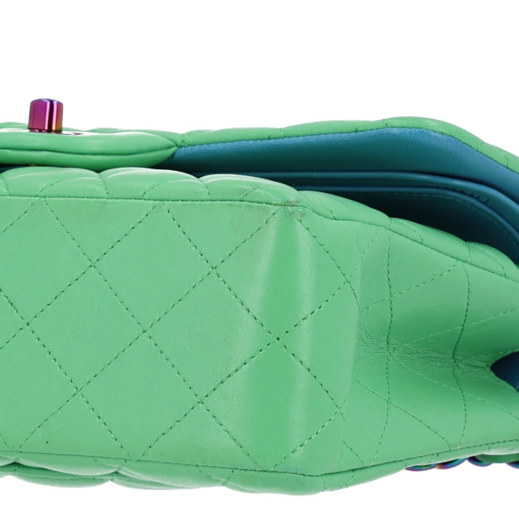 Lambskin Quilted Small Double Flap Green Blue