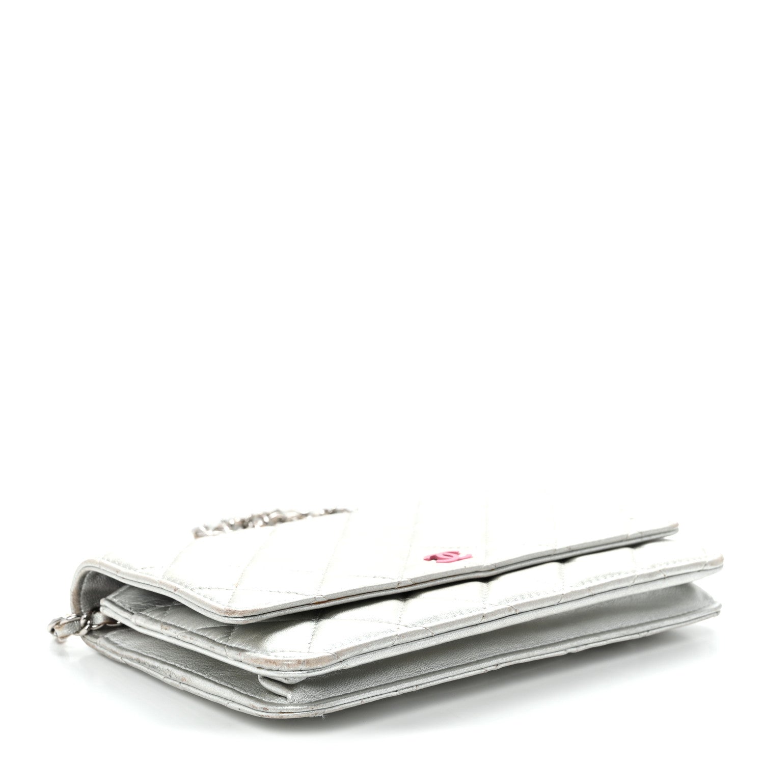 Metallic Lambskin Quilted Wallet On Chain WOC Silver